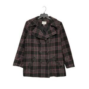 VTG Y2K Double Breasted Plaid Pea Coat Wool Blend Winter Size 0X 12/14W Plus